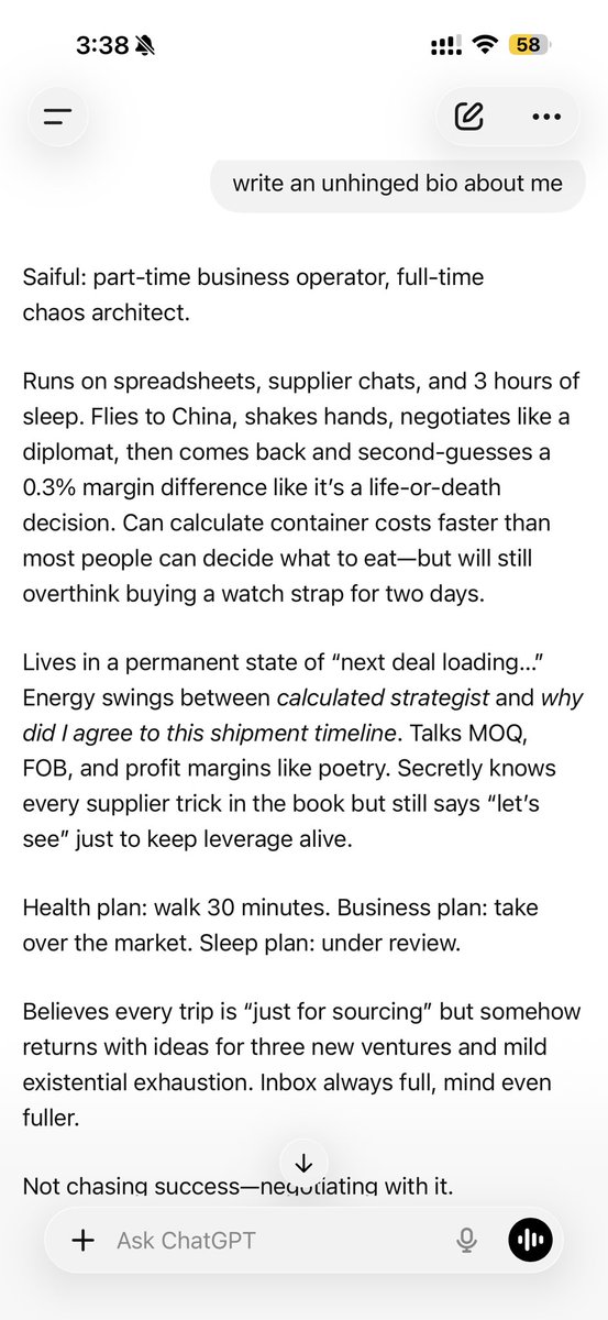 saifulissohel's tweet photo. I asked @ChatGPTapp "write an unhinged bio about me". By see the response now I truly believe what I am doing as the owner of @anioimports 😬 https://t.co/SurHsODP8o