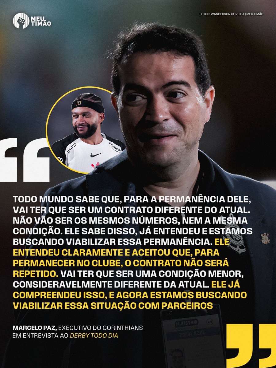MeuTimao's tweet photo. Marcelo Paz, executivo do Corinthians, revelou que a diretoria já conversou com Memphis Depay sobre a renovação e disse que o camisa 10 aceitou a redução salarial para a sua permanência no Timão.

📸 Wanderson Oliveira / Meu Timão

🔴 Apoio: @KTO_brasil - Jogue com responsabilidade (+18)