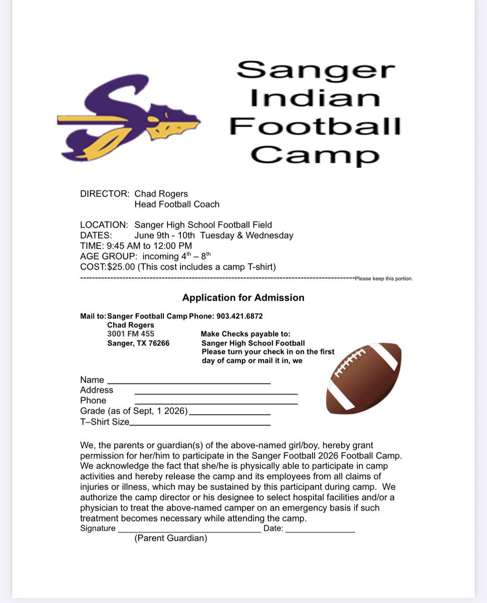 SangerFB's tweet photo. Official Football Camp invite from @CoachChadRogers. We are having our football camp June 9th and 10th from 9:45 AM to 12:00 PM and if you know any incoming 4th-8th graders tell them to sign up. The cost is 25 dollars, see y’all there 💪

#TRIBE #WAR https://t.co/L4y4PUqOda