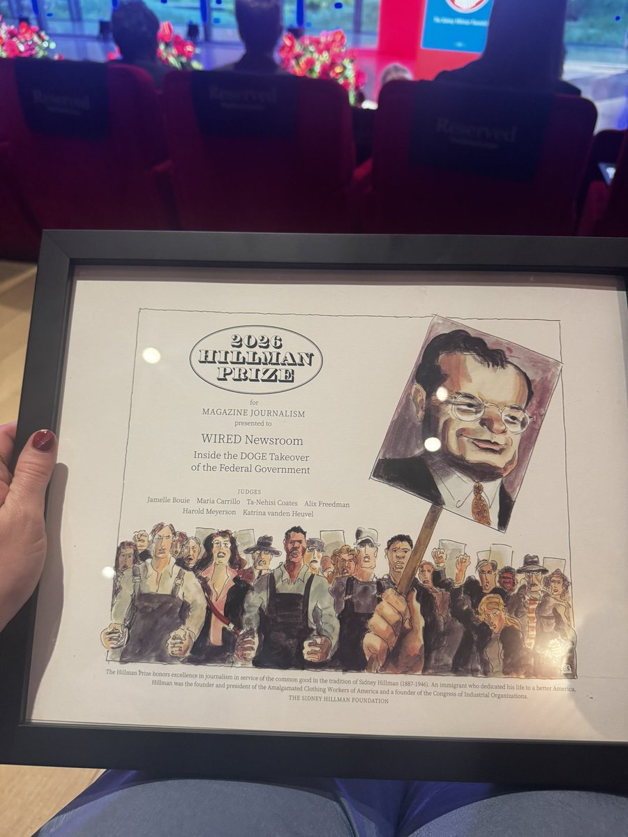 LeahFeiger's tweet photo. It was a privilege to accept the Hillman Prize for Magazine Journalism for @WIRED’s DOGE coverage last night!

Our team uncovered a government takeover in real-time, and our reporting was unparalleled — an honor to have that recognized! https://t.co/irkZmrMcXM