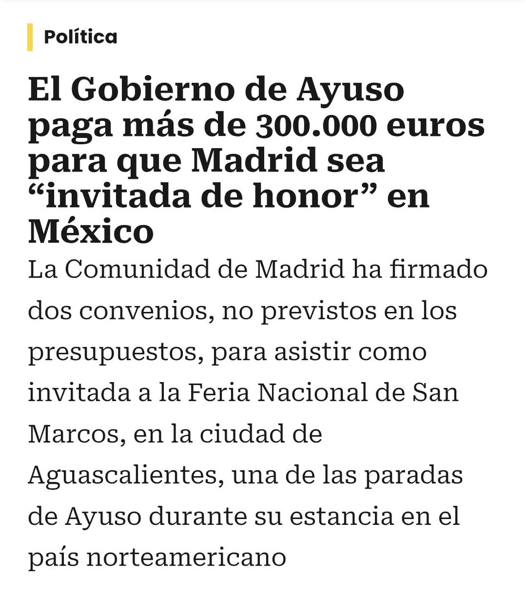 <a href="/YosoyPedrero/">Manuel Pedrero</a> "Para el ayuntamiento de Aguascalientes es un honor tener a alguien como <a href="/IdiazAyuso/">Isabel Díaz Ayuso</a> " 
Lamiéndole el ojete a una criatura, con ideas racistas y fascistas, que opina que sois un narcoestado y que ha pagado 300.000 euros para que la invitéis a México a reírse en vuestra cara...