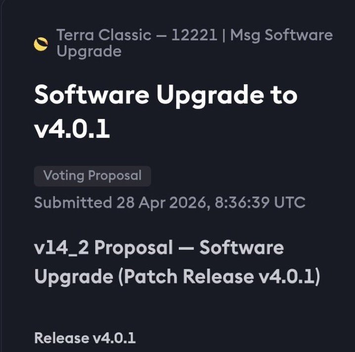 LunaClassWorld's tweet photo. $LUNC
Terra Classic v4.0.1 Patch Update is approved (99.95% Yes).
The network will pause at block 20464200 on May 6, 2026, at 14:00 UTC to fix bugs and improve stability.
#LUNCcommunity
#LUNC #USTC #TerraClassic #PatchUpdate #LCW https://t.co/SjKzGAs5KH