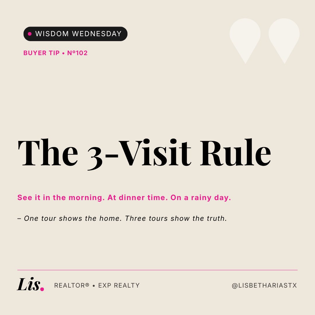 LisbethArias3's tweet photo. 🏡 THE 3-VISIT RULE → never write an offer after just one showing. See the house in the morning (light), at dinnertime (neighborhood noise), and on a rainy day (drainage + foundation clues).

One visit shows the house. Three visits show the TRUTH. https://t.co/QsFkSixJAY