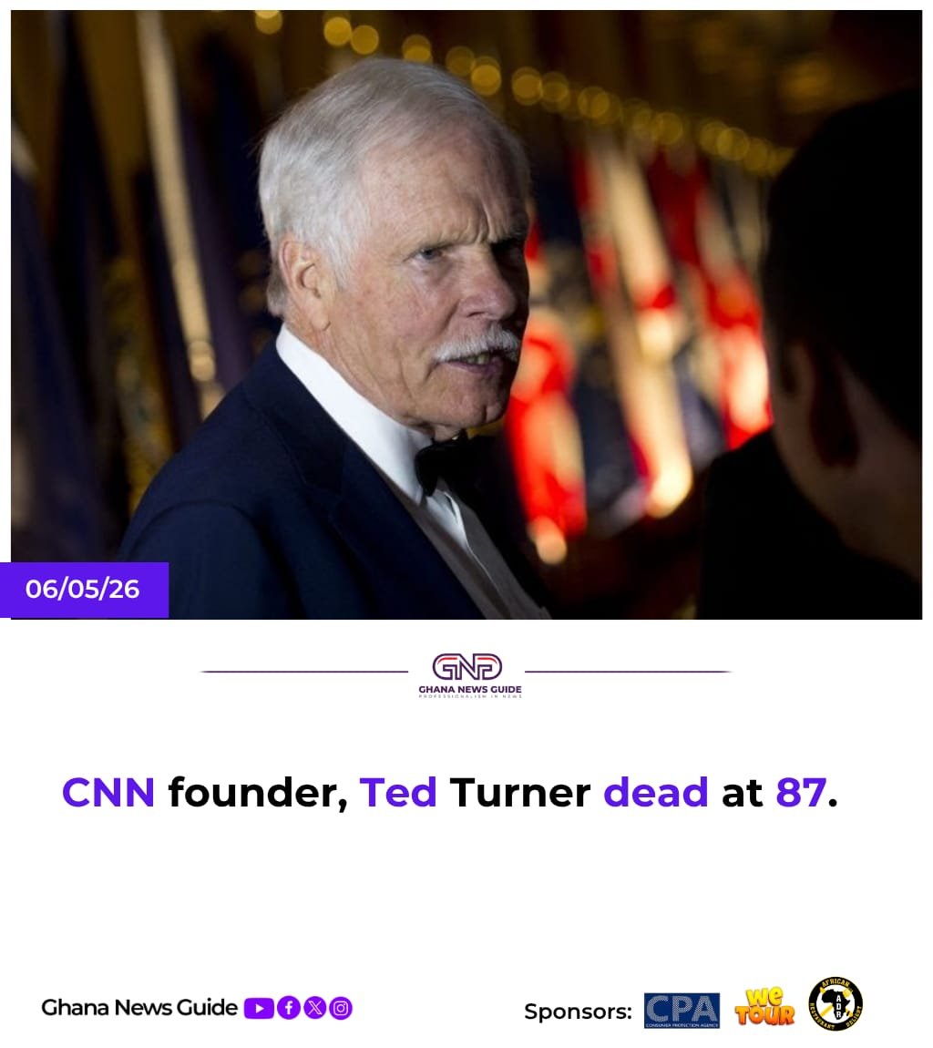 GhanaNewsGuide's tweet photo. Media mogul Ted Turner, who pioneered the modern 24-hour news culture when he launched the Cable News Network, has died at the age of 87.
#Breakingnews #CNN #Globalnews #RIP https://t.co/zNw1sxA2IR