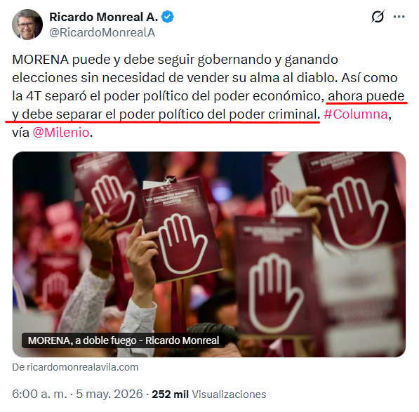 🚨¡Fuertes declaraciones del Senador de morena Ricardo Monreal!

Acepta que en la actualidad EL PODER POLÍTICO ESTÁ COLUDIDO CON EL PODER CRIMINAL Y SE DEBEN SEPARAR.