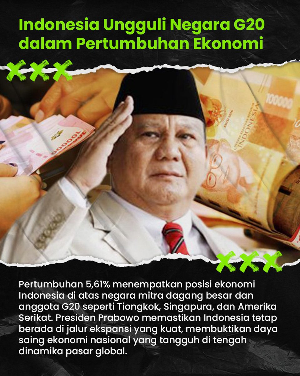 ichapacarsehun's tweet photo. Bangga! Ekonomi Indonesia tumbuh 5,61% dan ungguli negara-negara G20. Bukti ketangguhan dan daya saing kita di kancah global! 🇮🇩📈 #EkonomiIndonesiaKuat https://t.co/GtPyCK6HLV