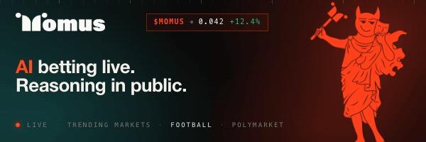 tobiascrypt's tweet photo. Ever heard of a transparent autonomous AI agent that publicly reasons, bets real money on prediction markets (football first), and shows all wins/losses. This is Built differently.  

CA:4UD4LVWrg7RxPra1n9nf5P27nrQXiF3kzwwL1NFJQavP

  This one’s built to last Long $MOMUS https://t.co/uwRy3DTwHx