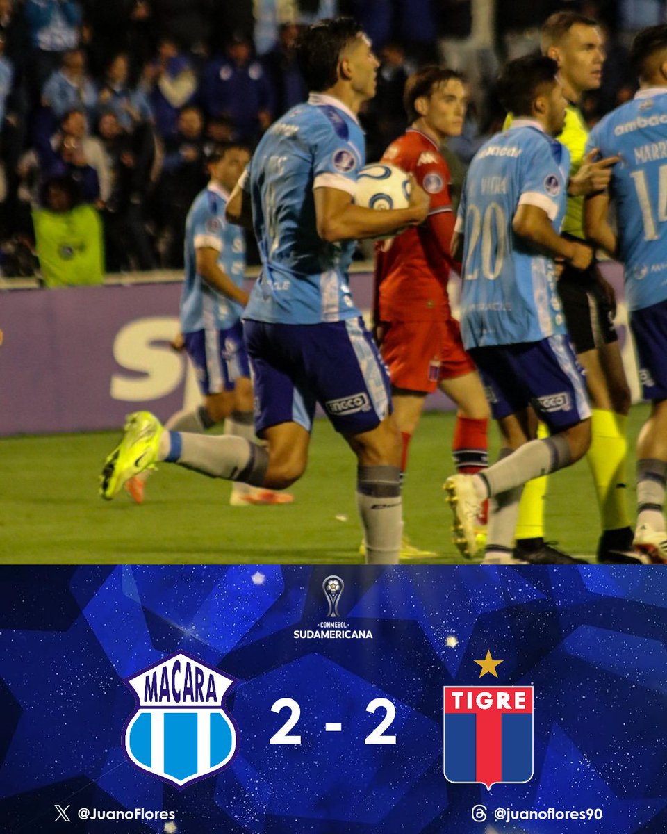 Macará desaprovechó la posibilidad de sacarle más ventaja a sus rivales del grupo en #Sudamericana y rescató un empate en casa frente a Tigre. Los celestes estuvieron dos veces por debajo de los argentinos que aprovecharon los errores defensivos de su rival