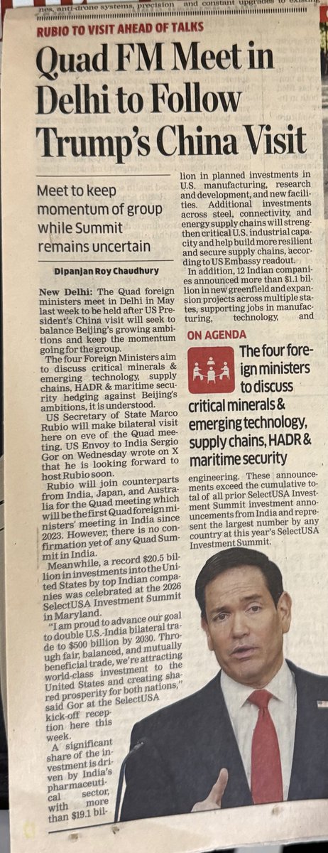 DipanjanET's tweet photo. The Quad Foreign Ministers meet in Delhi in May last week to be held after US President's China visit will seek to balance Beijing’s growing ambitions and keep the momentum going for the group at a time when the Summit remains uncertain— My report https://t.co/ZreLcmmgIK
