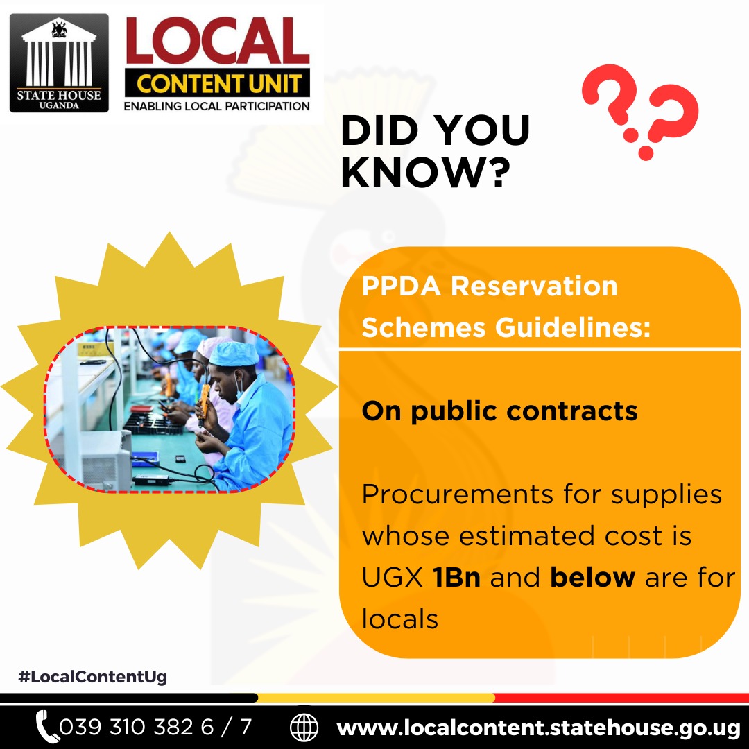 MathewMunduni's tweet photo. Did you know?
Under PPDA Reservation Schemes, procurements for supplies worth UGX 1Bn and below are ring-fenced for East African https://t.co/XEWpj1yhUn
