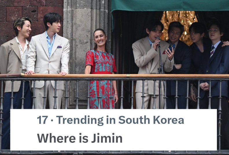 MAIS ALTO, COREIA! “Where Is Jimin” está nos assuntos mais comentados na Coreia do Sul após a conta oficial da presidente do México, Claudia Sheinbaum (<a href="/Claudiashein/">Claudia Sheinbaum Pardo</a>), publicar uma foto com o BTS sem a presença de Jimin.

Um absurdo e uma enorme falta de respeito com o artista,