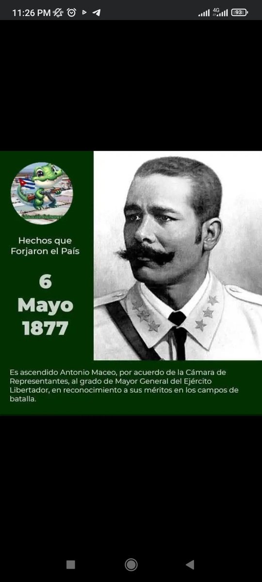El 6 de mayo de 1877, la Cámara de Representantes ascendió a Antonio Maceo a Mayor General del Ejército Libertador en reconocimiento a su valentía y méritos en el campo de batalla.

🇨🇺 El Titán de Bronce por siempre #CDRCuba #PorCamagüeyTodo