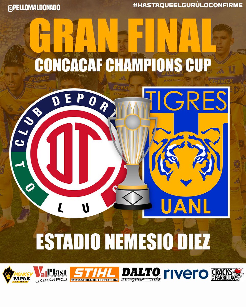 Señoras y señores: Esta es la Gran Final de La Champions Cup que más vale de los últimos años! 

Otra vez Tigres vs Toluca! Los únicos dos equipos que hoy por hoy han puesto en lo más alto al Futbol Mexicano 👏🏾🔥
