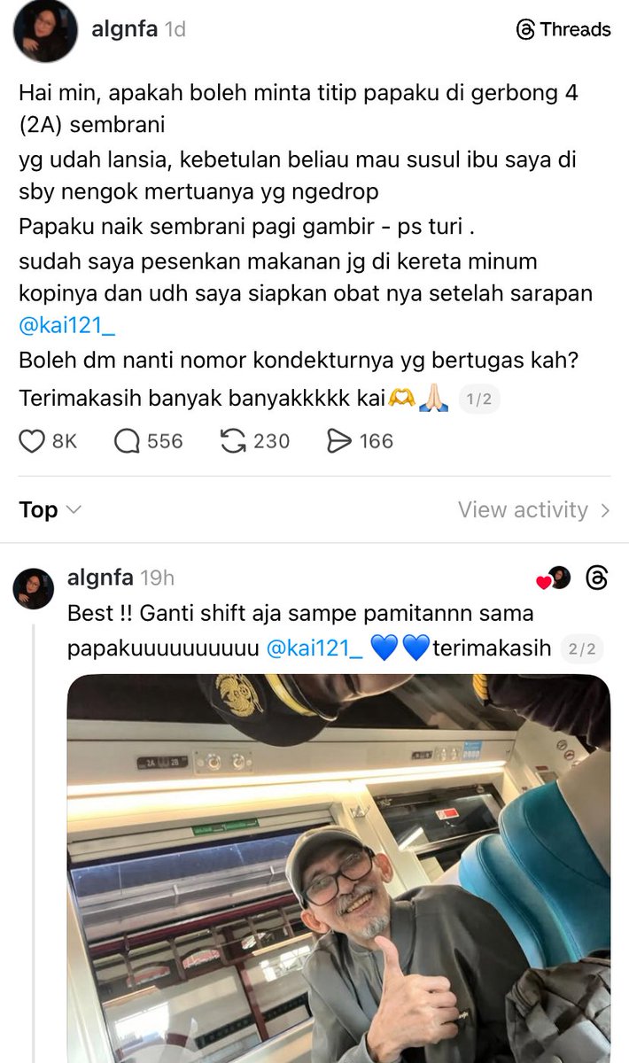 Guys ini cerita simpel tapi manis banget sih.

Ada yang nitip papanya yang udah lansia ke petugas Kereta Api Indonesia karena beliau naik Kereta Api Sembrani dari Gambir ke Pasar Turi buat nyusul istrinya di Surabaya.

Anaknya sampai bilang:
“Ini papa saya min, beliau make