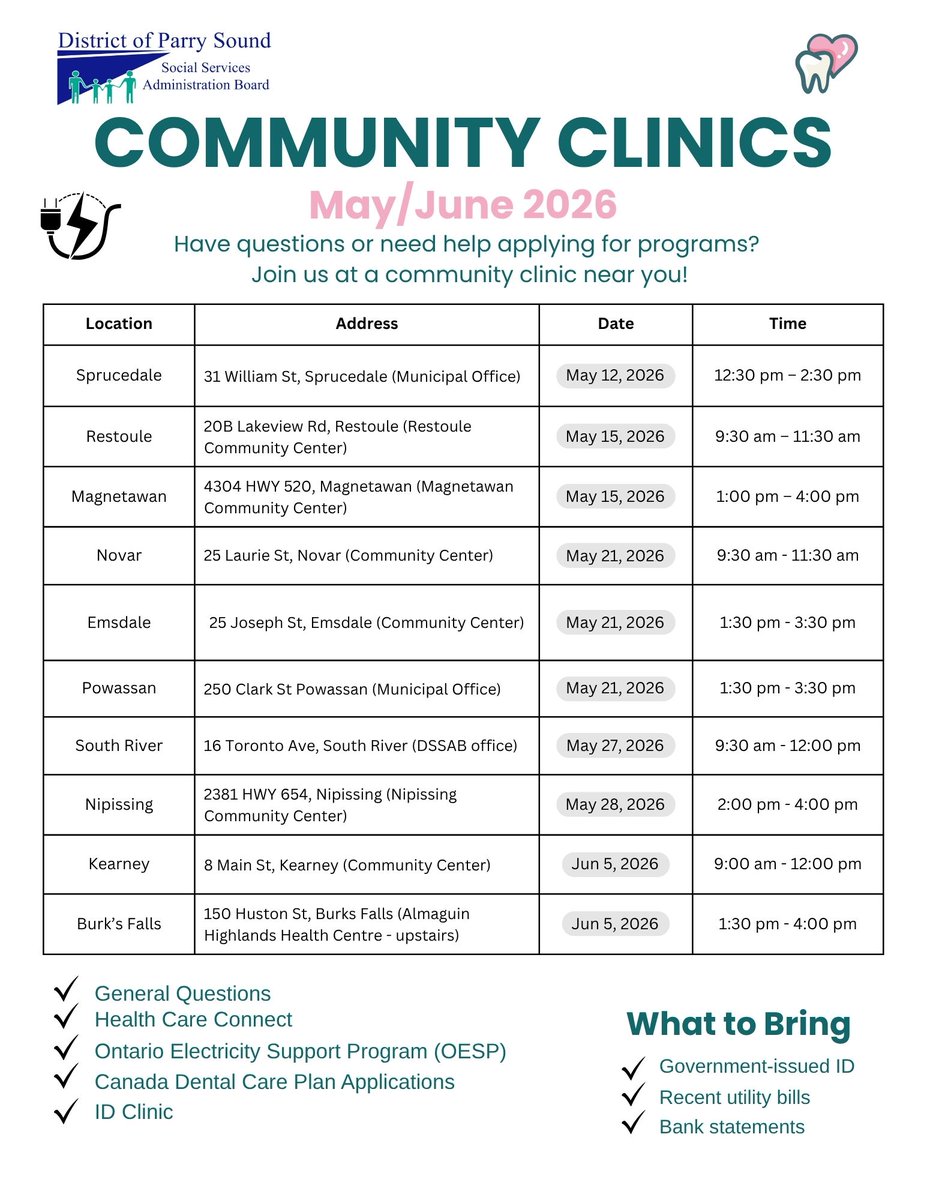 psdssab's tweet photo. 🏡Bringing services right to your community!

Need help with applications or services? Visit us at a Community Clinic near you!

✔️ Health Care Connect
✔️ OESP (Hydro Support)
✔️ Canada Dental Care Plan
✔️ ID Clinic &amp; more

👉 Bring ID, a utility bill &amp; bank statement. https://t.co/kc4sNr5Ln3