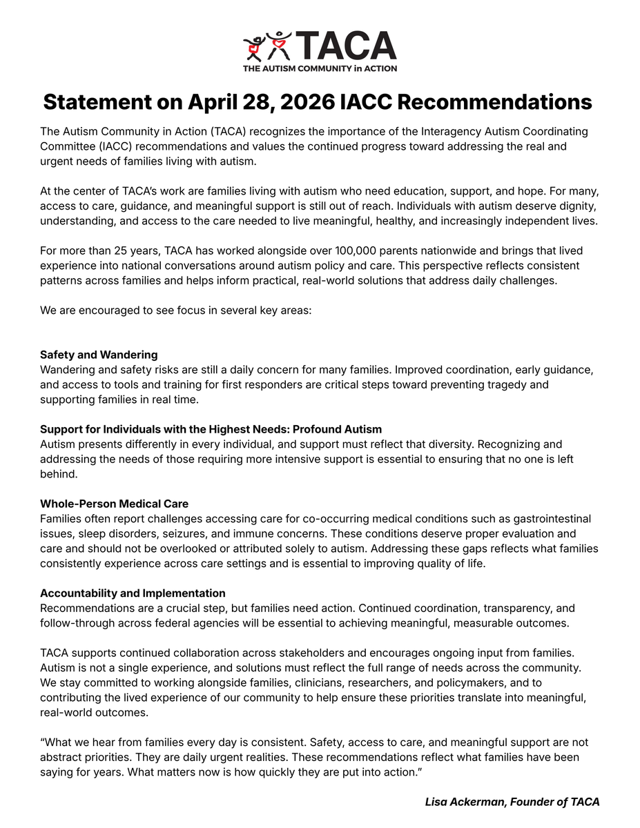 TACAfoundation's tweet photo. The #IACC voted to send recommendations to the U.S. Department of Health and Human Services (HHS) that could lead to real, practical support for families of children and adults with #autism, especially those at highest risk. Read our thoughts at the link in bio 💻 https://t.co/4fEhm07ASA
