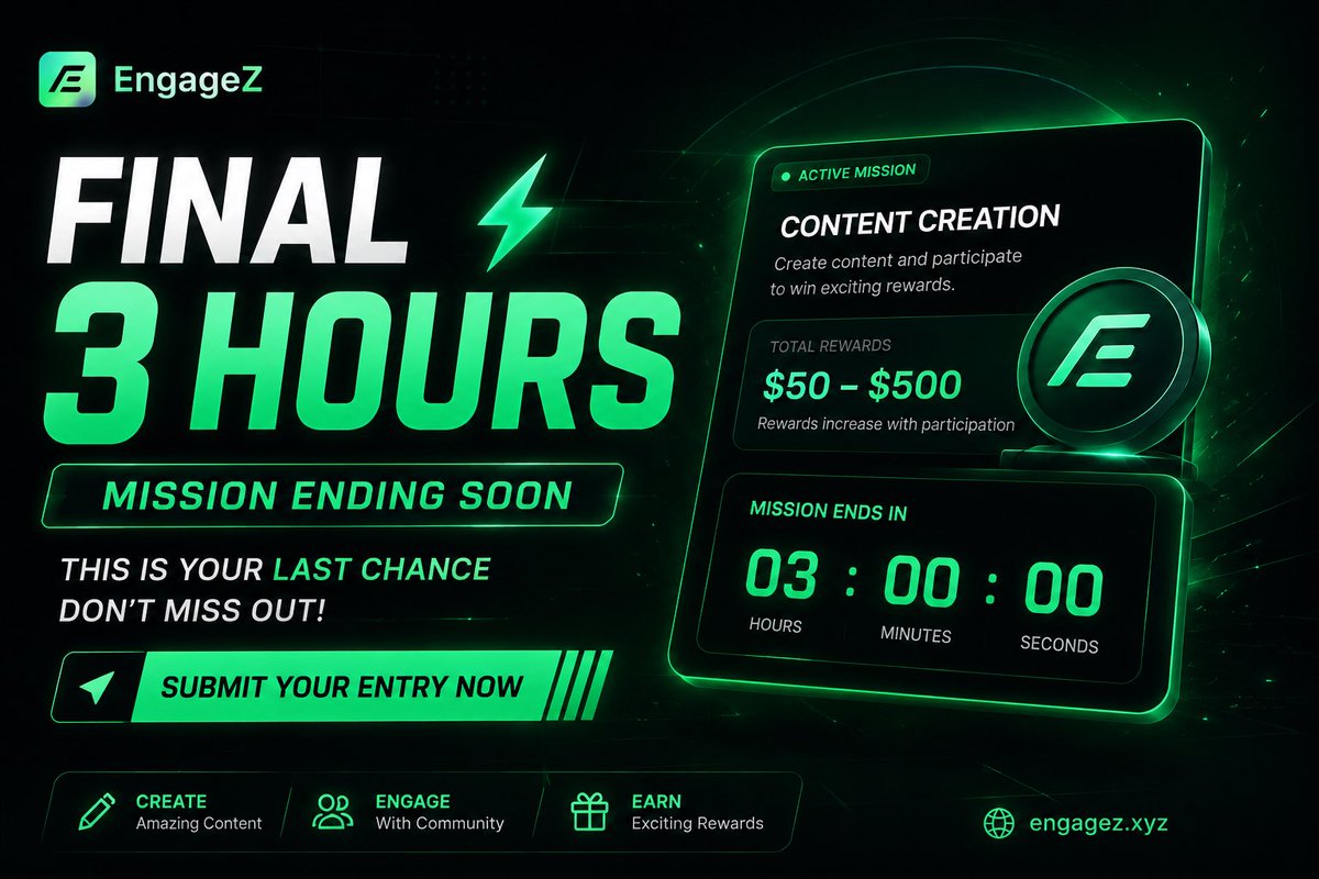 Engagez__'s tweet photo. 🚨 FINAL 3 HOURS LEFT 🚨

The current mission on @Engagez__ is ending in just 3 hours 

This is your last chance to:
• Complete the mission  
• Submit your content  
• Secure your participation before deadline  

No more extensions.  
Final submissions only. https://t.co/sjilbkS8Sx