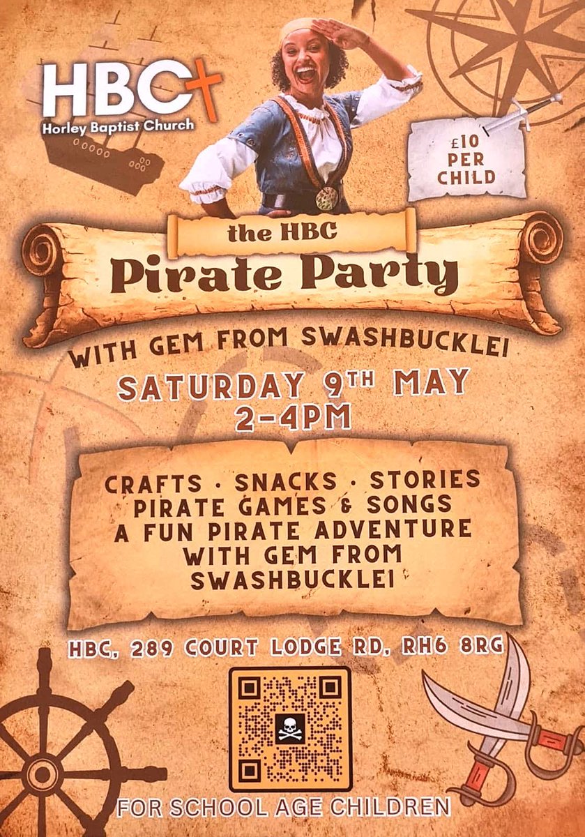 lkbates70's tweet photo. THIS SATURDAY.... 🏴‍☠️ Pirate Party at Horley Baptist Church  !

Set sail for a swashbuckling adventure with Gem!

🗓 Saturday 9 May
🕑 2–4pm
📍 289 Court Lodge Road, Horley
It’s perfect for school-age children, so spread the word and come along!
🎟 Still time to book a place https://t.co/3D1XrKvaaG