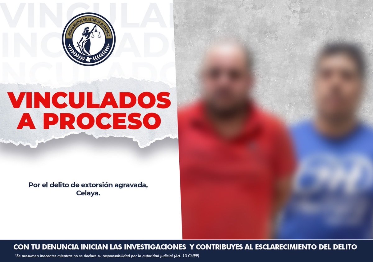 FGEGUANAJUATO's tweet photo. FISCALÍA DE GUANAJUATO DETIENE A DOS SUJETOS POR EXTORSIÓN EN CELAYA

La Fiscalía General del Estado de Guanajuato, a través de la Fiscalía Especializada en Investigación de Delitos de Alto Impacto, logró la detención de JESÚS HAZAEL “N” y DAVID “N”, presuntos responsables del delito de extorsión agravada.

Derivado de una denuncia y mediante labores de inteligencia e investigación especializada, agentes de la Unidad Especializada en Combate a la Extorsión implementaron un operativo que permitió detener a los imputados al momento de recoger dinero producto de las amenazas realizadas contra las víctimas.

Con los datos de prueba obtenidos, el Ministerio Público logró que un Juez los vinculara a proceso penal y les impusiera prisión preventiva.

En Guanajuato, la extorsión se combate con investigación, coordinación y acciones contundentes.
Denuncia