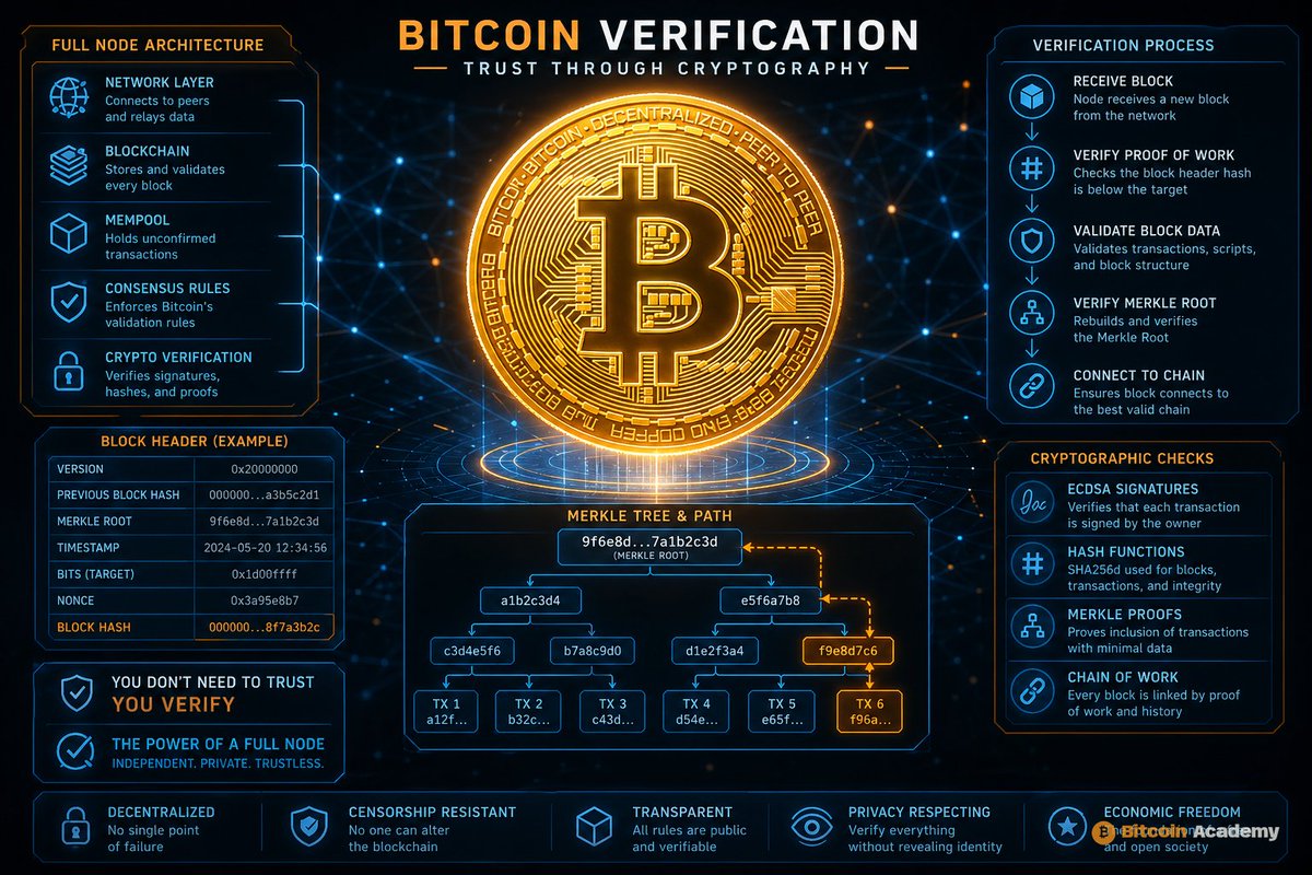 btc_academy21's tweet photo. ₿itcoin's edge isn't faith - it's verification. 
A full node checks PoW, Merkle paths, and signatures; bad blocks don't pass. 
Don't trust, verify. Learn: https://t.co/VjZ4D34MJw ⚡️ #Bitcoin https://t.co/E7ZIIFx2He