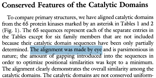 NaturePlants's tweet photo. A bit of sudden nostalgia: the 1988 seminal paper on kinase catalytic domains in @ScienceMagazine by @TonySalk. 65 sequences aligned manually. I read it so many times. 
https://t.co/oPp9qglZeq https://t.co/nLMXmdPcPL