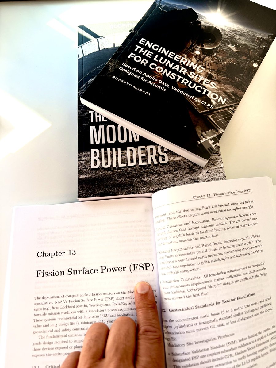 rde_moraes's tweet photo. Most lunar power discussions focus on the reactor. Very few focus on the ground beneath it. In Chapter 13 of Engineering the Lunar Sites for Construction, I discuss Fission Surface Power (FSP) as a ground engineering problem as much as a nuclear one. Settlement. Tilt. Thermal gradients. Burial stability. Load transfer under ultra low confinement. If the ground response is not understood, the power system is not understood. Part of The Moon Builders series. Available on Amazon. @NASAMoonBase @NASAAdmin 
@SPACEdotcom 
#LunarConstruction #FSP #Artemis #SpaceEngineering #MoonBuilders