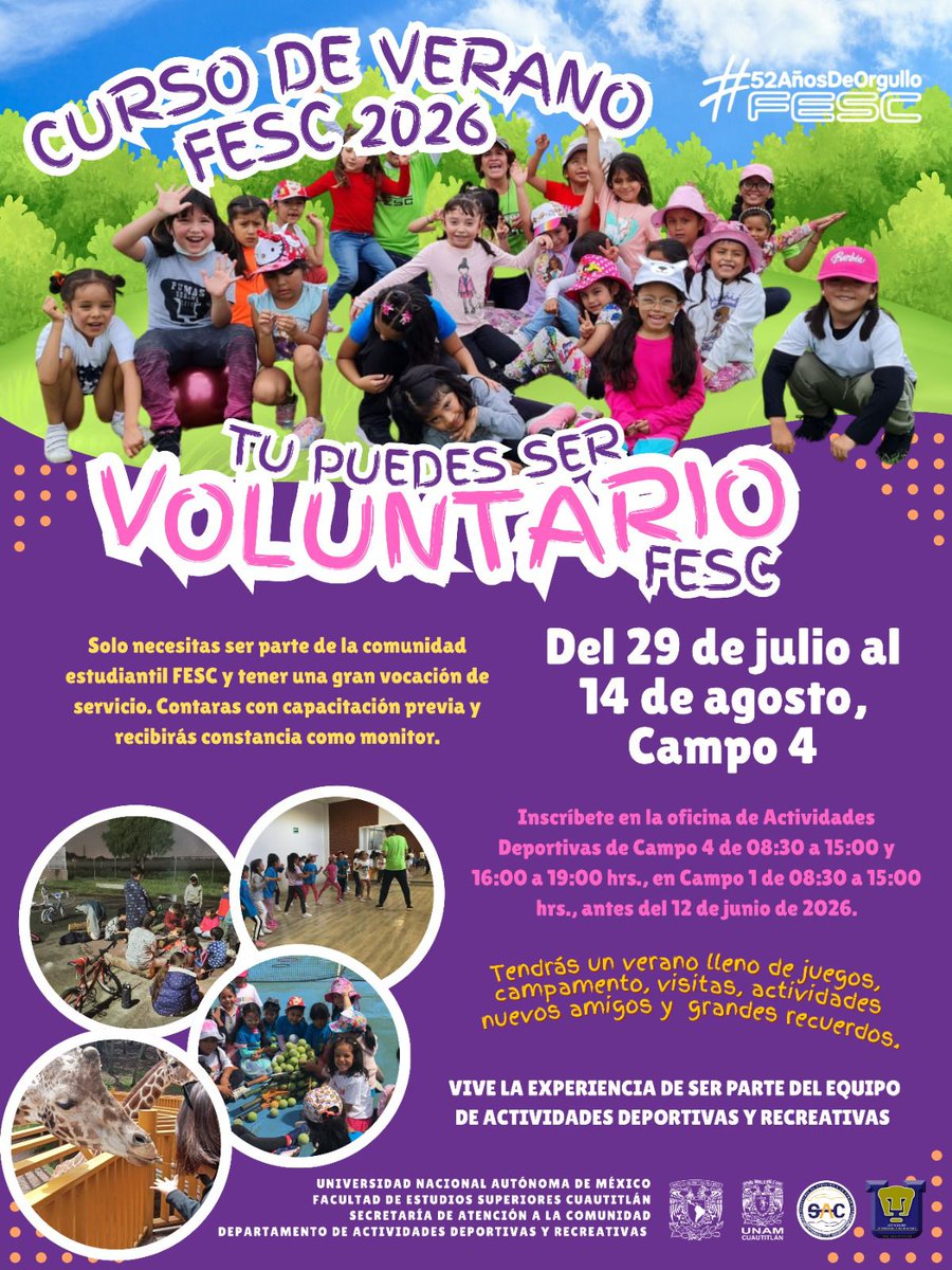 FESC_UNAM's tweet photo. ¡Vive la experiencia de ser parte del equipo de Actividades Deportivas y Recreativas como voluntario #FESC!

⚽️ Curso de Verano FESC 2026 ☀️ https://t.co/cHZTjfDTk1