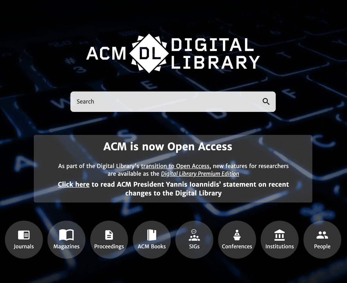 SpiritBits's tweet photo. ACM is now fully open access. As of Jan. 1, 2026, ACM papers and related artifacts in the Digital Library are free to read, share, reuse, and download through the Basic DL. Premium still gates advanced search, analytics, bulk downloads, alerts, and related tooling. https://t.co/zCi77ioI1P