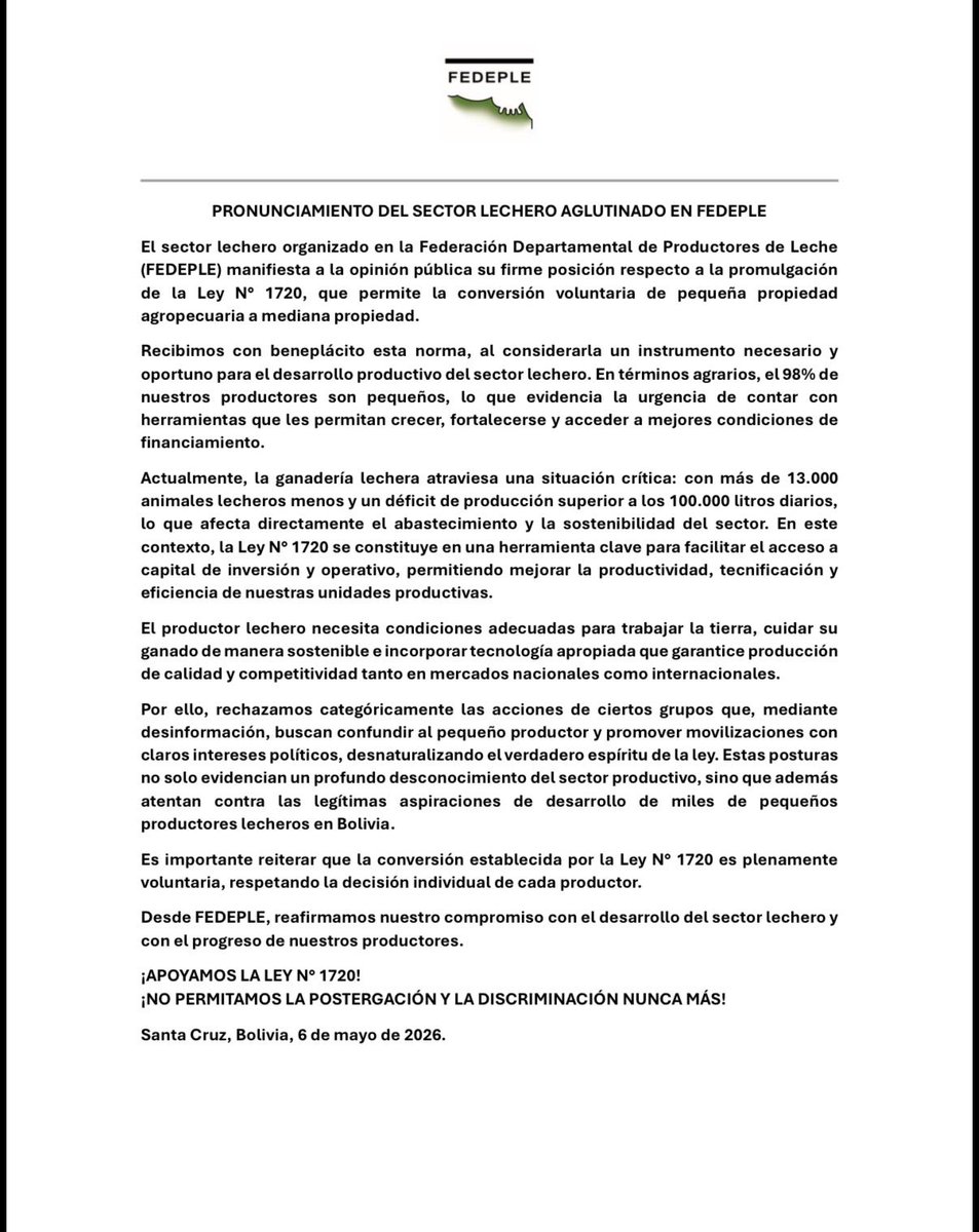 Pronunciamiento de los lecheros sobre la ley 1720