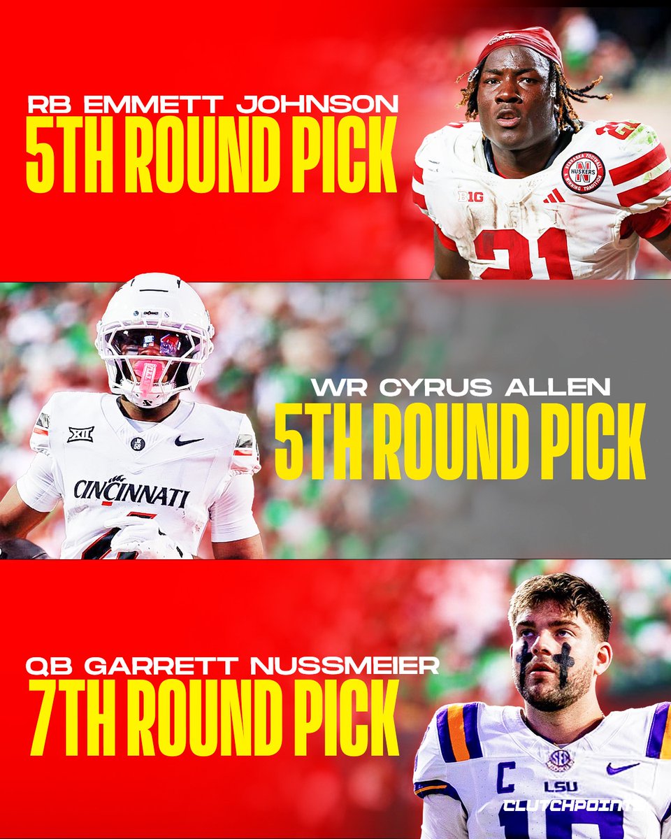 Kansas City used the 2026 Draft to add depth around its offense and supporting structure behind Patrick Mahomes.

Emmett Johnson reinforces the RB rotation, Cyrus Allen adds another WR option, and Garrett Nussmeier enters the mix competing for the backup QB role.