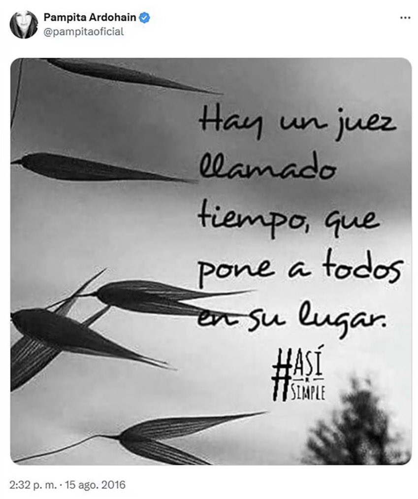 <a href="/deniz35350606/">SOL YANIM</a> <a href="/wanditanara/">Badbitch</a> “Hay un juez llamado tiempo, que pone a todos en su lugar” 
Frase que publicó Pampita en 2016, la segunda mujer a la cual <a href="/chinasuarez/">China Suarez ♛</a> le habría robado el marido, luego de encontrar a esta teniendo relaciones con su marido en un motorhome