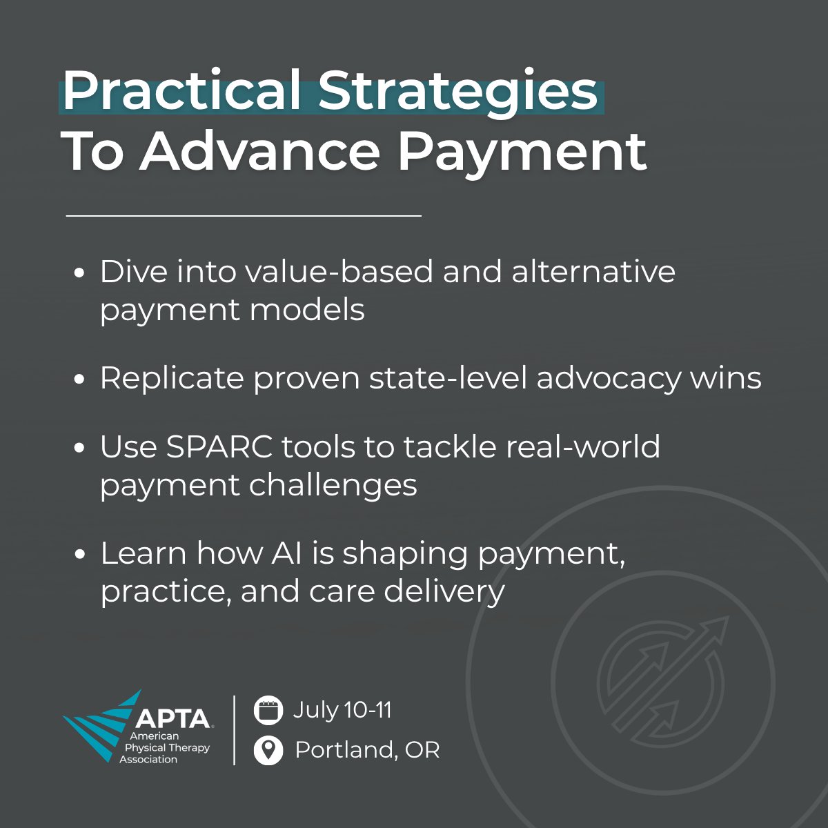 APTA_official's tweet photo. 📍 The APTA Payment Advocacy Summit is bringing our profession together in Portland to strengthen our collective voice on payment and reimbursement issues that impact patient access and practice sustainability. 📣

🔗 Join us to help shape what’s next: https://t.co/WKZ8gYrq7m https://t.co/pGgnYiNnS8