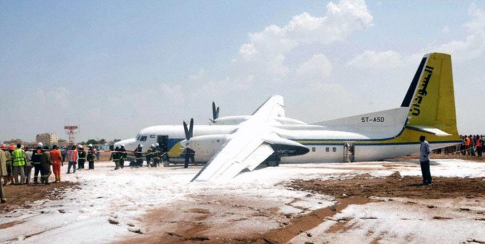 SecretaryBird22's tweet photo. @OnDisasters Nope.
Flight SD312 on 2,october, 2011. 
A fokker 50 failed to deploy left landing gear and had to land with front and right landing gears only.
Aircraft severly damaged but all passsengers and crew members evacuated the scene unhurt.
https://t.co/PClN3bKyyW https://t.co/hDdqTvD4Cq