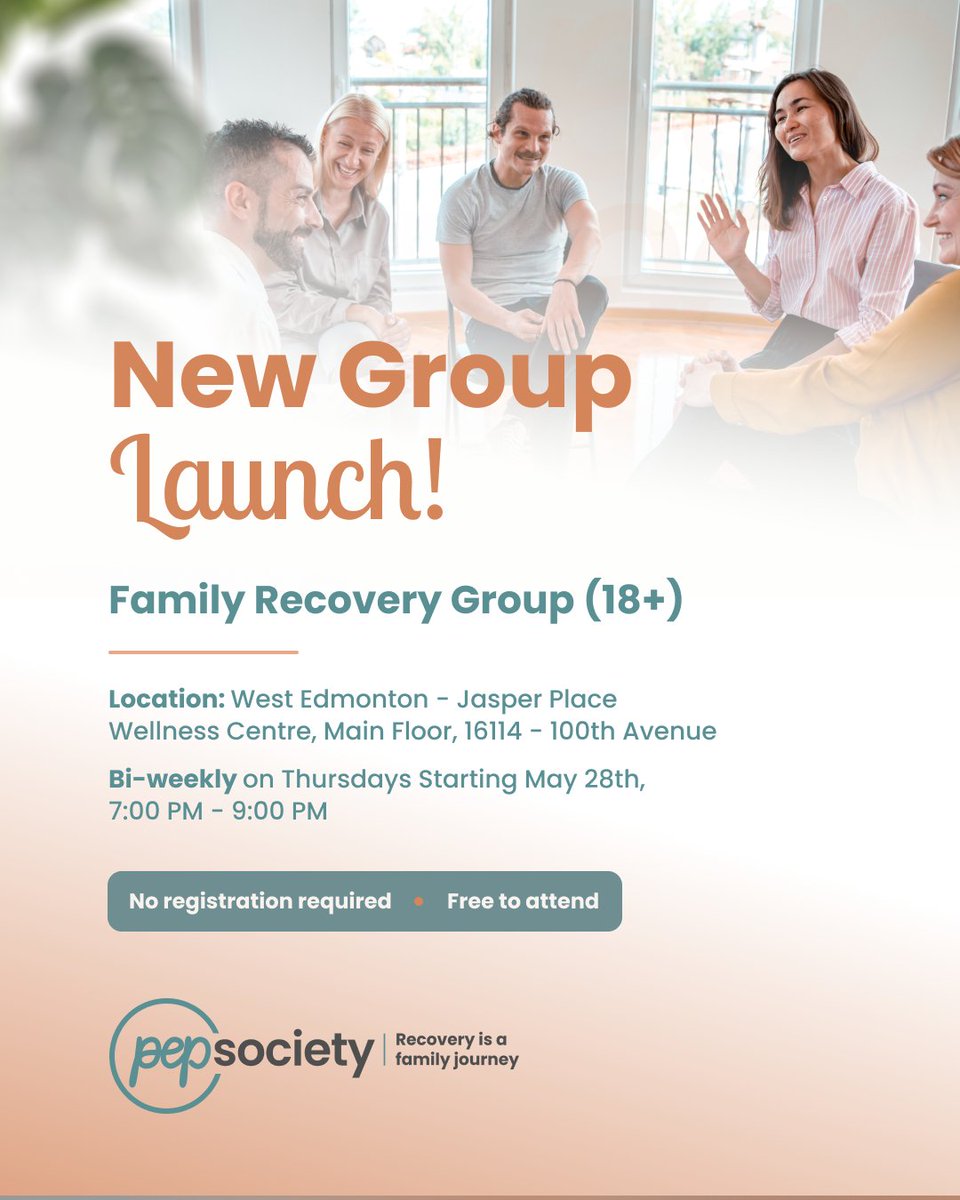 A Family Recovery Group is opening in West Edmonton! This group is a welcoming space for family members 18 and older to get support.

📍 Jasper Place Wellness Centre 
🗓️ Biweekly Meetings on Thursdays starting May 28th 
🕖 7pm to 9pm

To learn more, visit pepsociety.ca/attend-a-meeti…