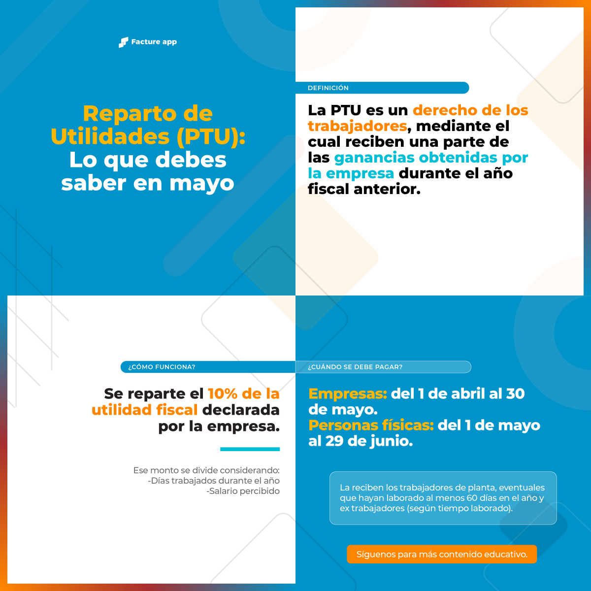 FactureApp's tweet photo. ¿Sabes cómo deben pagarte tus utilidades? 💰

Te contamos las especificaciones para saber si puedes participar en la PTU de tu empresa y cuál es la fecha límite para recibir tu pago 📅✨

📲 ¿Quieres más contenido educativo? Síguenos y deja tu reacción 👍 https://t.co/NyN1keCvPN