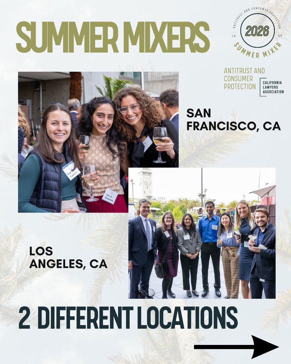CLAAntitrust's tweet photo. Registration is NOW OPEN! ☀️

The Antitrust and Consumer Protection Section is hosting two Summer Networking Mixers built for students and early-career attorneys looking to break into the field.

Register for SF: https://t.co/9l0TaK8LGB

Register for LA: https://t.co/p4nNZ7onix https://t.co/PG9GyRcpyj