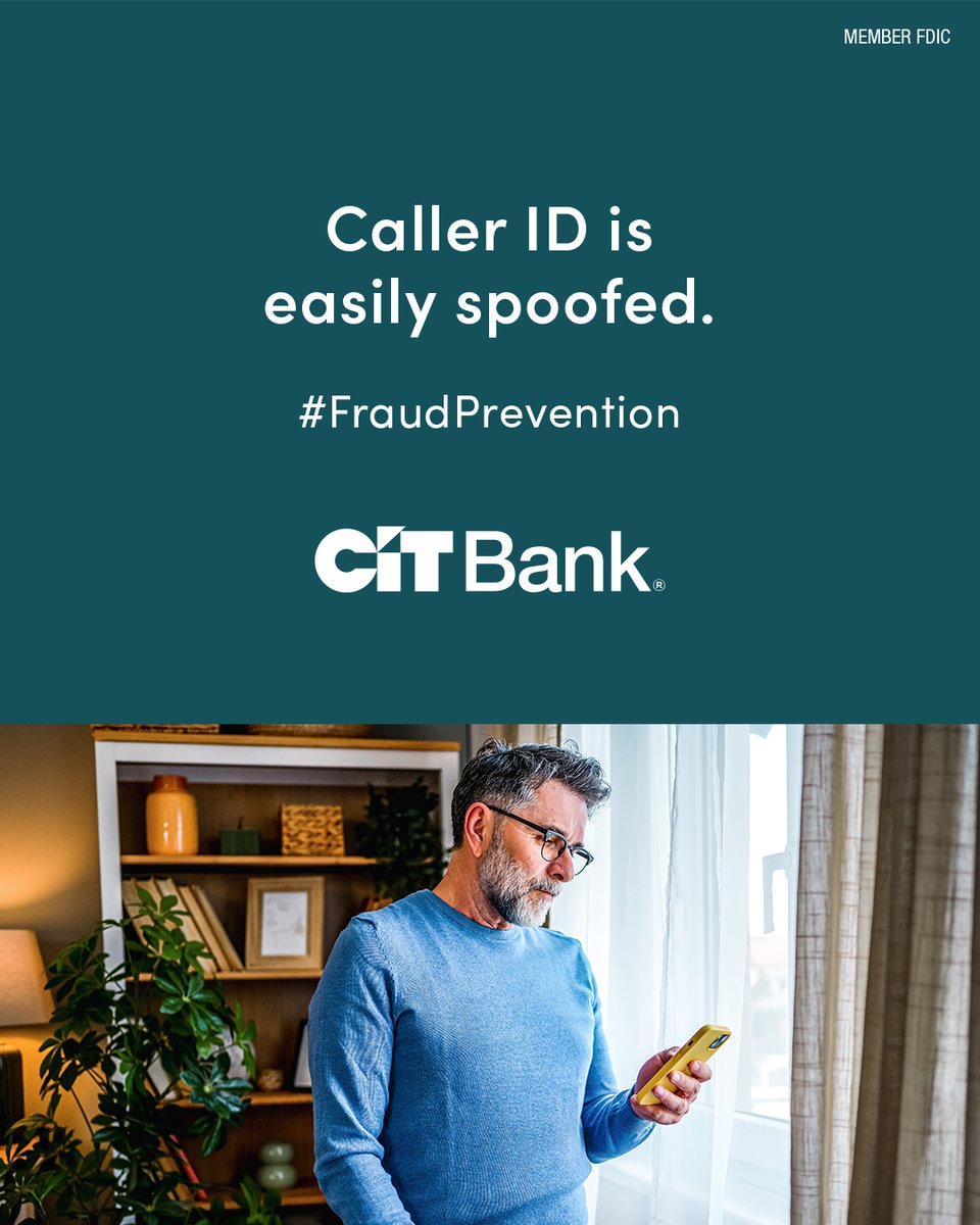 CITBank's tweet photo. If you get a call that looks like it’s from CIT Bank, hang up and call us at 855-462-2652. Scammers can easily spoof phone numbers, posing as bank employees. https://t.co/4bhaN7wPgX 
#FraudPrevention https://t.co/YjfW78kMIi