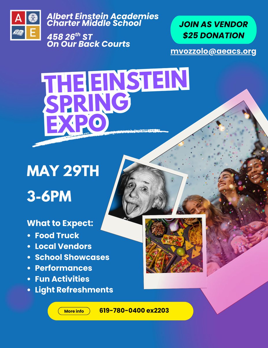 AEAcademies's tweet photo. Special community event on May 29th from 3pm-6pm, the Einstein Spring Expo, taking place on our Middle School’s basketball courts and backtop area.

https://t.co/NtLBVzIzbW https://t.co/pXblUANrDR