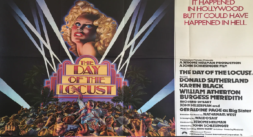 May 7 1975 THE DAY OF THE LOCUST opens. Dir. John Schlesinger. An ill-starred gallery of talent-compromised, fringe-dwelling has-beens &amp; wannabes swarm like Boschian locusts in period perfect adaptation of Nathanael West's hatchet job on the seamy underbelly of 1930s Hollywood.