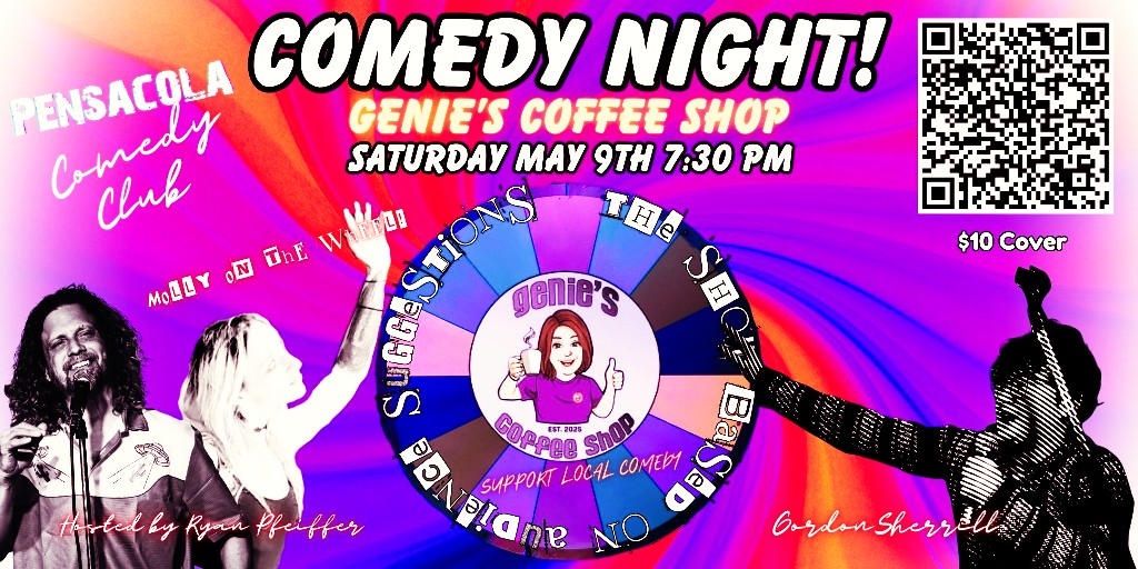 ratedrcomedy's tweet photo. Skip Netflix. Watch comedians bomb LIVE instead 😈

Genie’s Coffee turns into a comedy club
Friday 5/9 | 7:30 PM
$10 cover | Food + killer coffee

Tickets:
https://t.co/MTc8pByerM

#StandUp #ComedyLife #PensacolaComedy #LiveEntertainment #NightOut https://t.co/dGsQVkaqRu