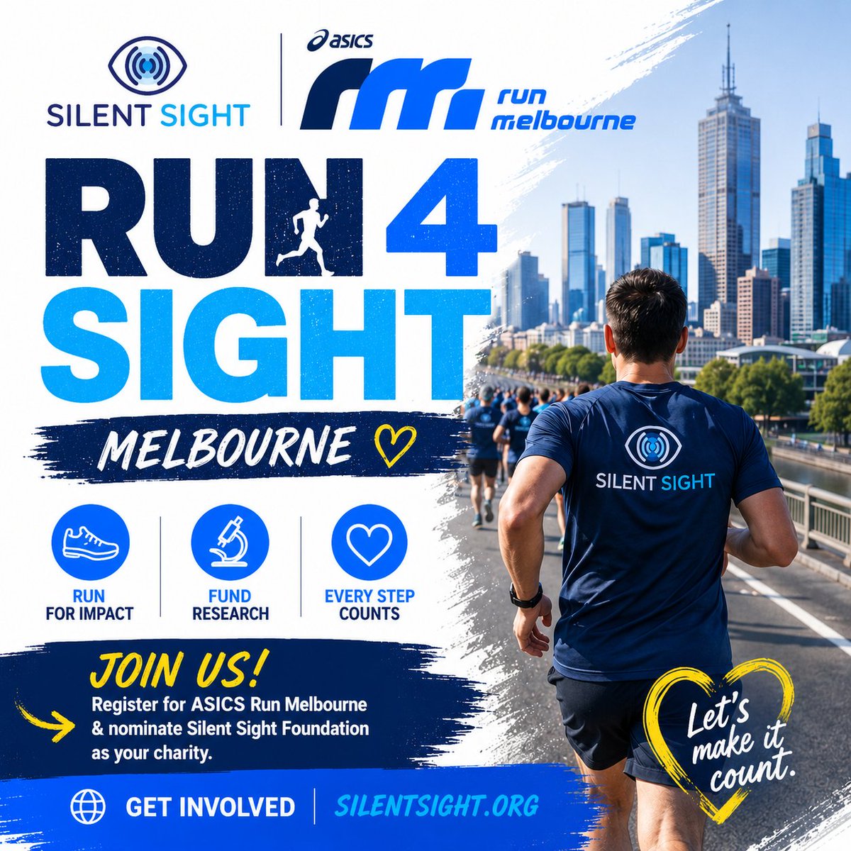 SilentSight's tweet photo. RUN 4 SIGHT – MELBOURNE 🏃‍♂️

Melbourne, it’s our turn!

Register for ASICS Run Melbourne and nominate Silent Sight Foundation as your charity.

Head to https://t.co/1WujPbg0Qk to get involved.

Let’s RUN 4 SIGHT. 💛 https://t.co/bkZuQPHsBG