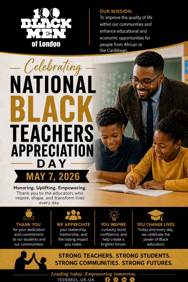 100BMOL's tweet photo. Honouring Black educators today and every day.  
Thank you to the teachers who inspire excellence, uplift communities, and help shape the next generation of leaders. Your impact reaches far beyond d classroom.  
Strong Teachers. Strong Students. Strong Communities. Strong Futures https://t.co/BbpaAMh0Vc