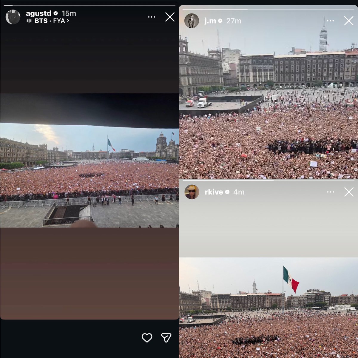 sugamihoney's tweet photo. ES REAL PRIMERA HISTORIA DE YOONGI, NAMJOON Y JIMIN EN IG EN MÉXICO DESDE EL PALACIO NACIONAL 🇲🇽💜

🐥México, gracias 💜 https://t.co/y3hnLOK14V