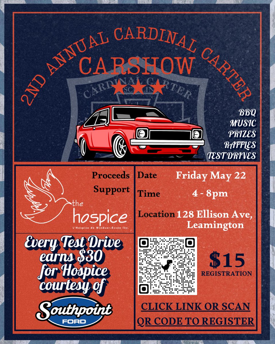 CardinalCarter's tweet photo. To our CC community, please find attached a promotional video and flyer for the 2nd annual CC Car Show, taking place Friday May 22, 4 pm - 8 pm. Proceeds support Hospice of Leamington. BBQ &amp; Concessions courtesy of Southpoint Ford, who are also DONATING $30 FOR EVERY TEST DRIVE! https://t.co/t0KkTzcM0j