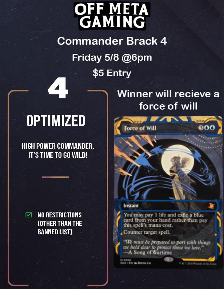 OffMetaSocials's tweet photo. Commander Bracket 4 night! 

Friday 5/8 • 6PM • $5 Entry

Fast mana, nasty combos, disgusting value engines, and at least one player being held emotionally hostage by a Rhystic Study. 

Just don’t go full cEDH gremlin 👀
#CAPEGirardeau #LGS #Mtg #localbusiness #magicTheGatherin https://t.co/oEYxWsgw8d