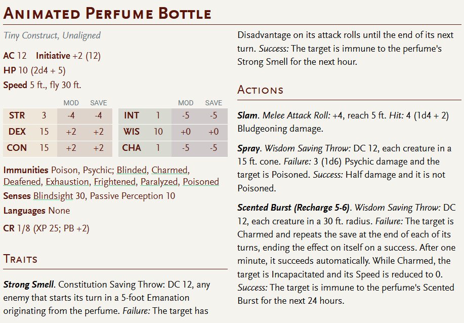 GreyAres0's tweet photo. #DnD #5e stat block of an Animated Perfume Bottle https://t.co/UUIyyFXFD9