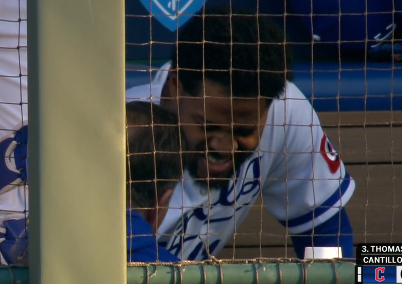 JacobMilhamKC's tweet photo. Maikel Garcia came up wrong on a slide into second, and now there are grimaces in the dugout. https://t.co/oRqc3sPOTD