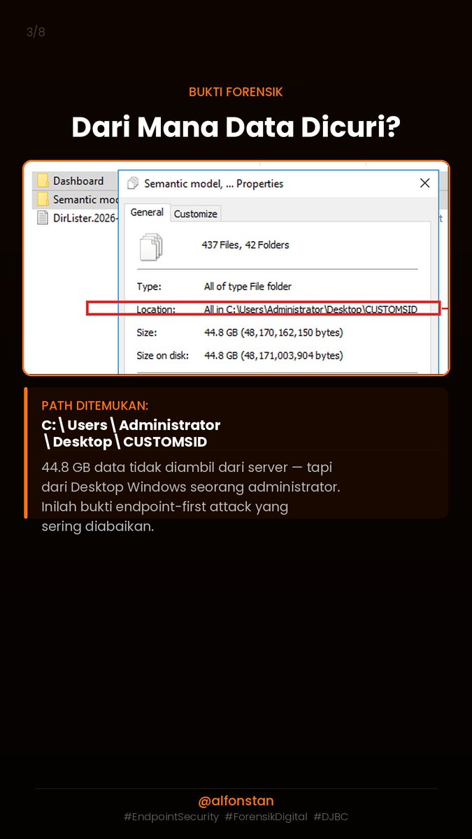 vaksincom's tweet photo. Everest Ransomware klaim eksfiltrasi 44 GB data DJBC.

Tapi yang menarik bukan jumlahnya — tapi lokasi file yang tercatat di Properties Windows:

C:\Users\Administrator\Desktop\CUSTOMSID

Ini bukan server. Ini Desktop.

Thread analisis forensik 🧵 https://t.co/TGVCySxWv4
