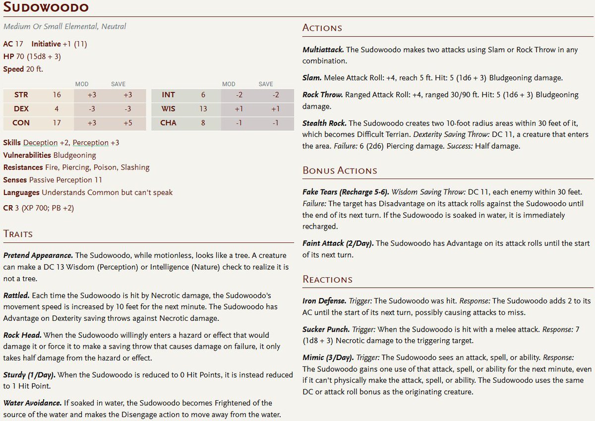 GreyAres0's tweet photo. #DnD #5e stat blocks of #Pokémon: Bonsly and Sudowoodo https://t.co/Qq698hKQjs