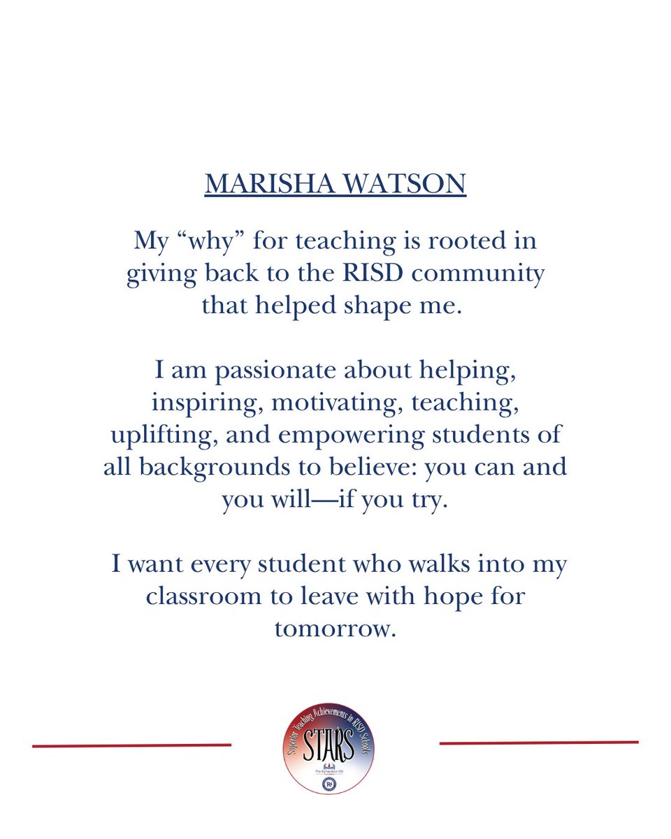 RichardsonISD's tweet photo. Full circle moments like this mean everything.

2025-2026 Stars Teacher of the Year returned home to @LakeHighlandsHS, as a teacher ready to serve the community that shaped her.

A proud RISD graduate from LHHS, continues her family’s legacy in the same community while raising her own children in RISD.

For Marisha, teaching is more than a profession—it is a calling. Returning to LHHS represents a full-circle moment and a meaningful opportunity to invest in the next generation from the very community that invested in her.

Her “why” for teaching is rooted in giving back. She is passionate about helping, inspiring, and empowering students of all backgrounds to believe in their potential and to leave her classroom with confidence and hope. She is committed to creating a learning environment where students feel valued, supported, and connected—one where learning is meaningful, engaging, and grounded in care.

#RISDThankaTeacher